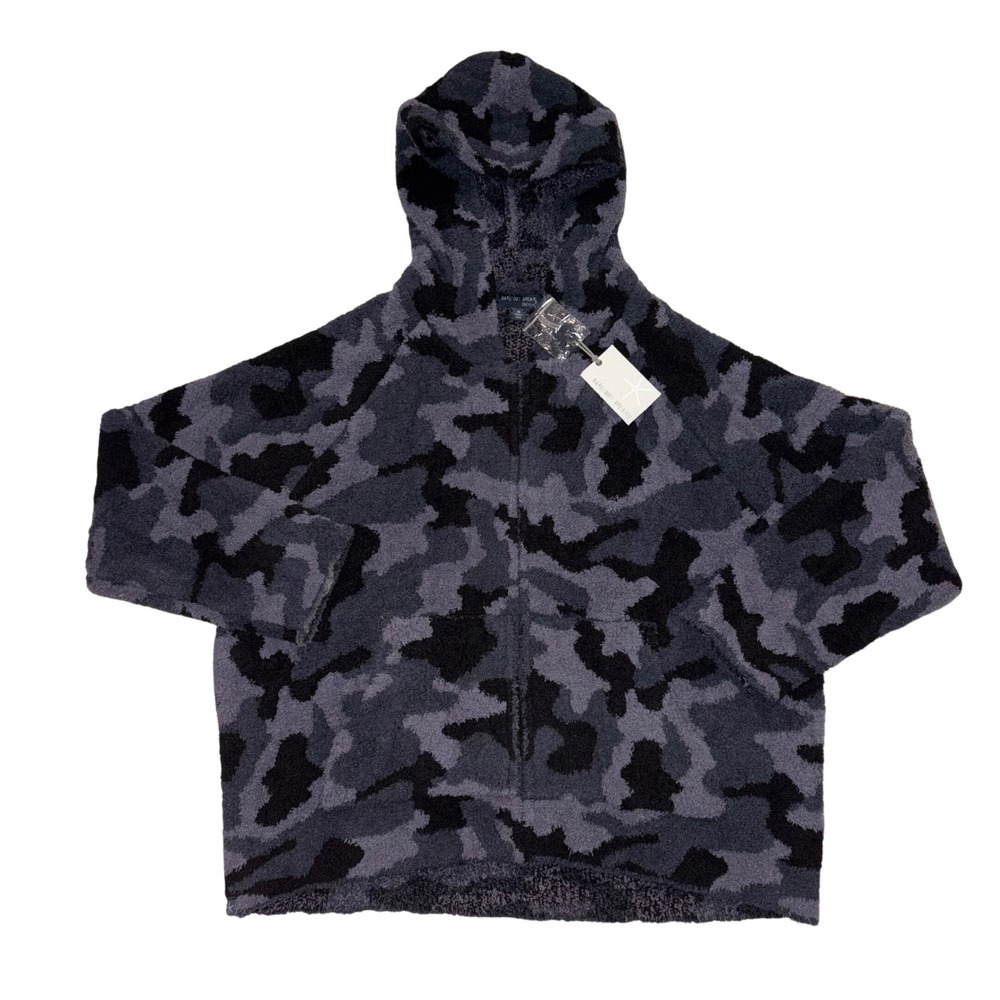 NWT Barefoot Dreams CozyChic Camo Hoodie Indigo Multi Sz 1X Fluffy Warm Zip Gray